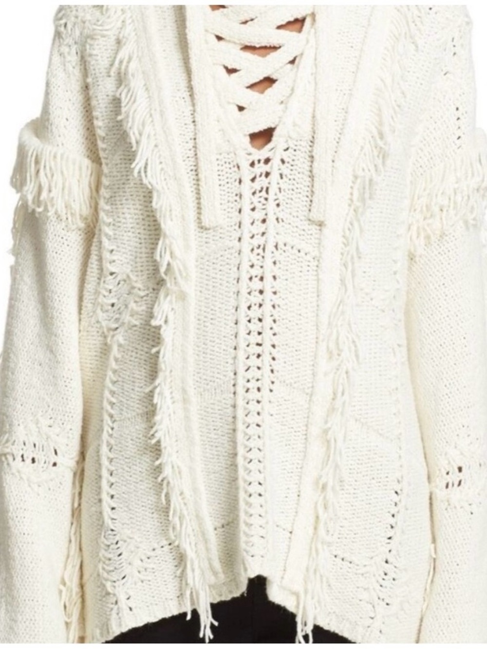 3.1 Phillip Lim Ivory Fringe Lace-Up Boho V-Neck Sweater Poncho - Picture 2 of 6